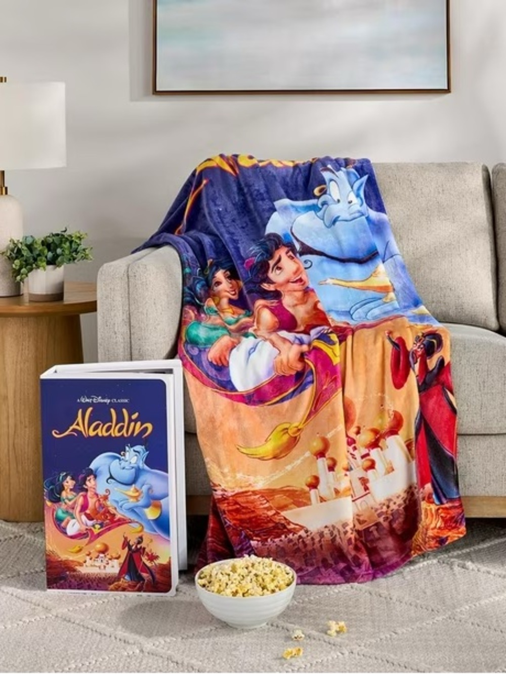 Disney Aladdin 50x70 Throw Blanket + VHS Movie Set New Sealed